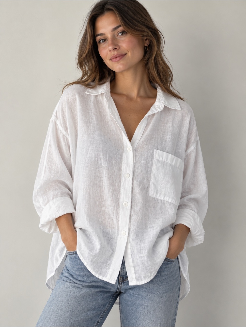 Magaschoni White Linen-Blend Relaxed Button Front Shirt